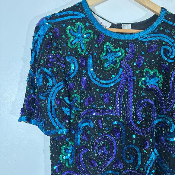 Vintage Laurence Kazar Sequin Beaded Silk Blouse - Small‎ - Picture 2 of 11